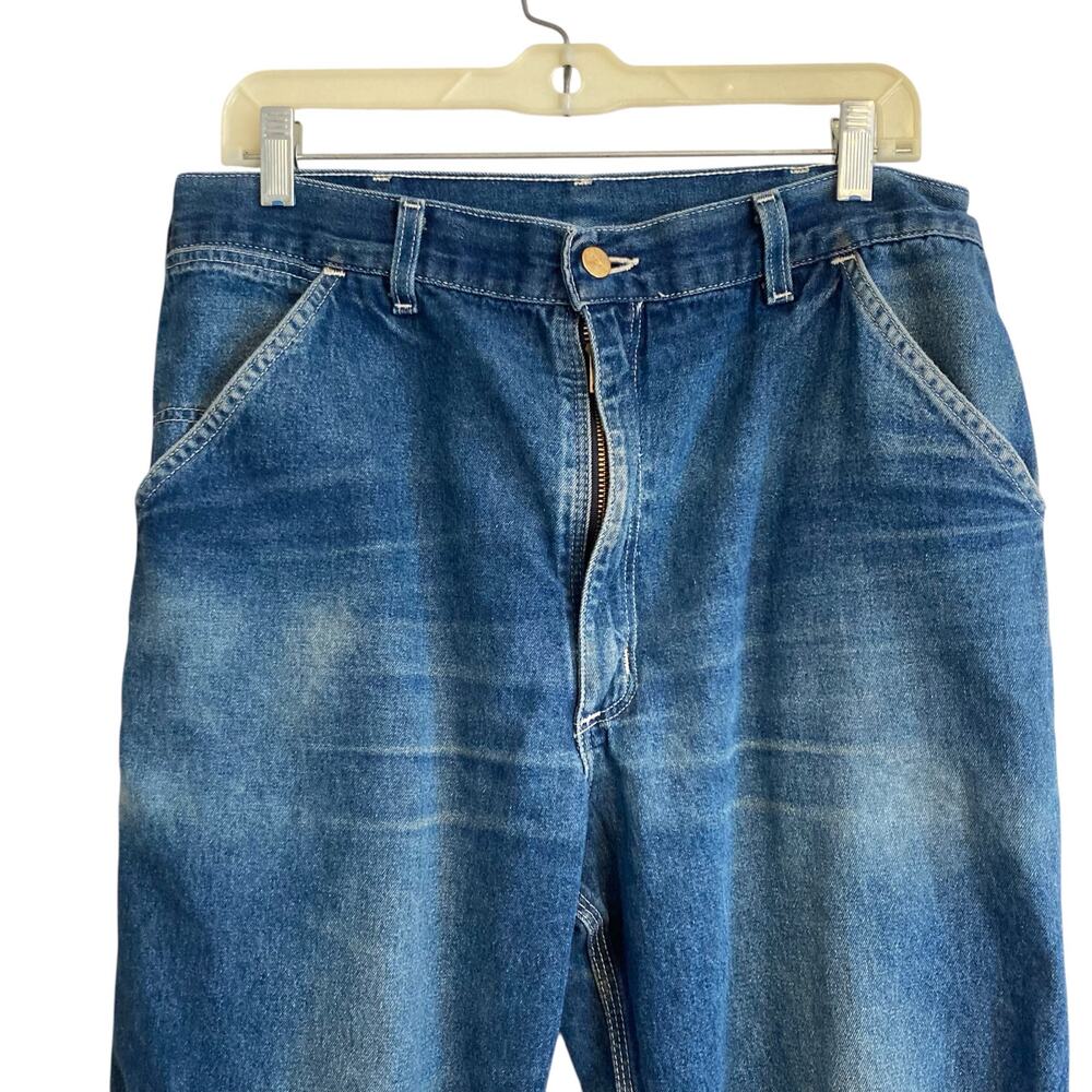 Vintage 90s Y2K Carhartt Distressed Feathered Faded Denim Blue Jeans Size 34x34 - Picture 5 of 14